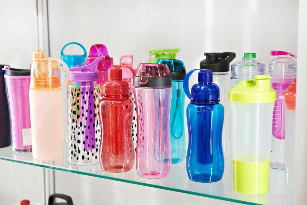 Shelf of plastic water bottles