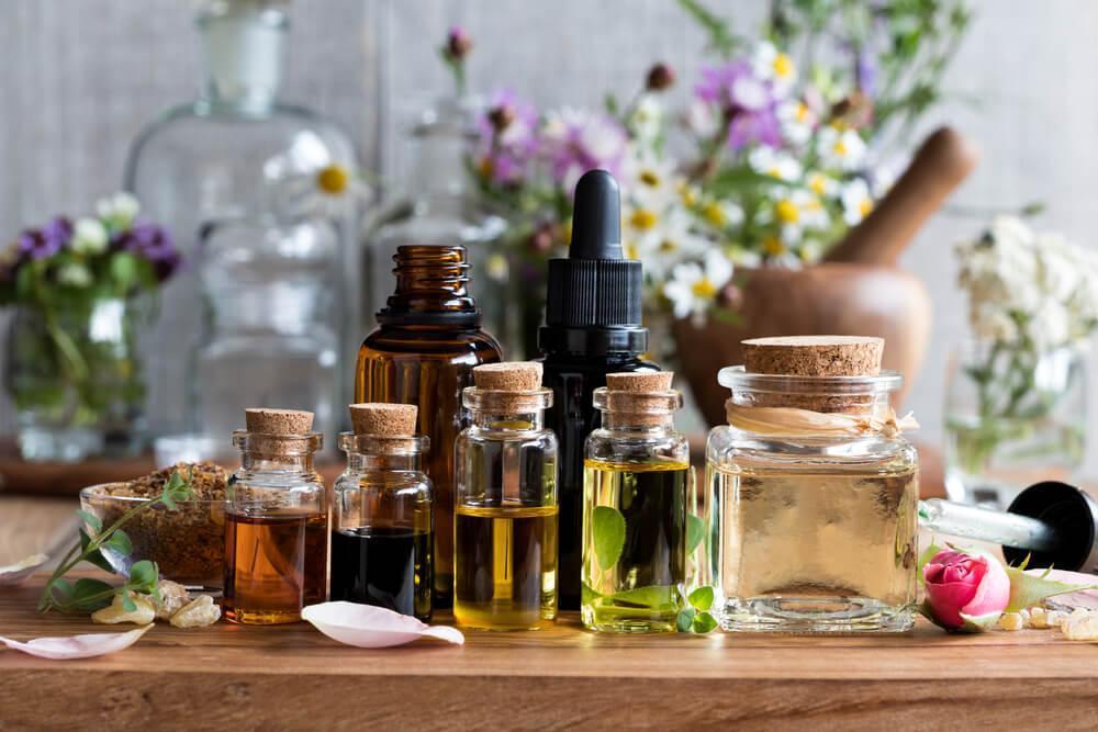 Selection of essential oils on table