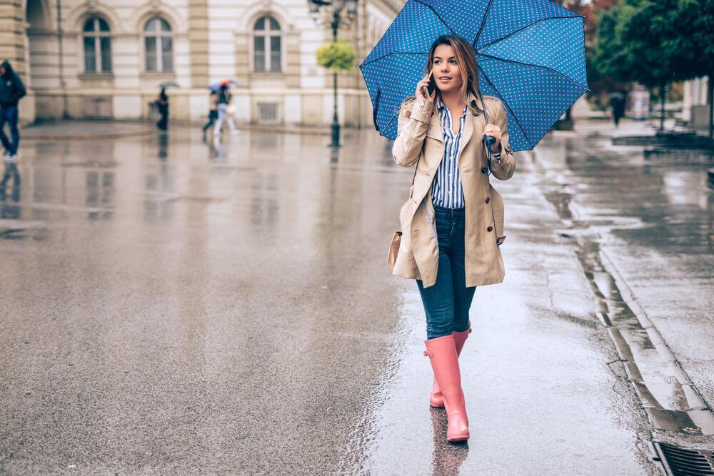 Woman walking in rain on street