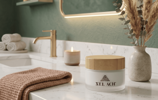 A jar of Xel Ach skincare cream on bathroom counter
