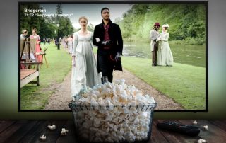 Netflix showing Bridgerton with bowl of popcorn in front